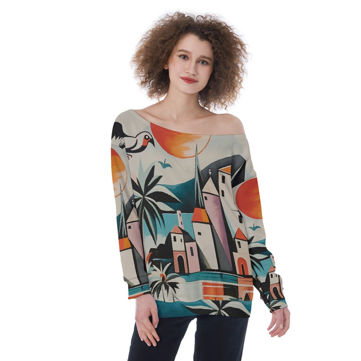 All-Over Print Oversized Women's Off-Shoulder Sweatshirt