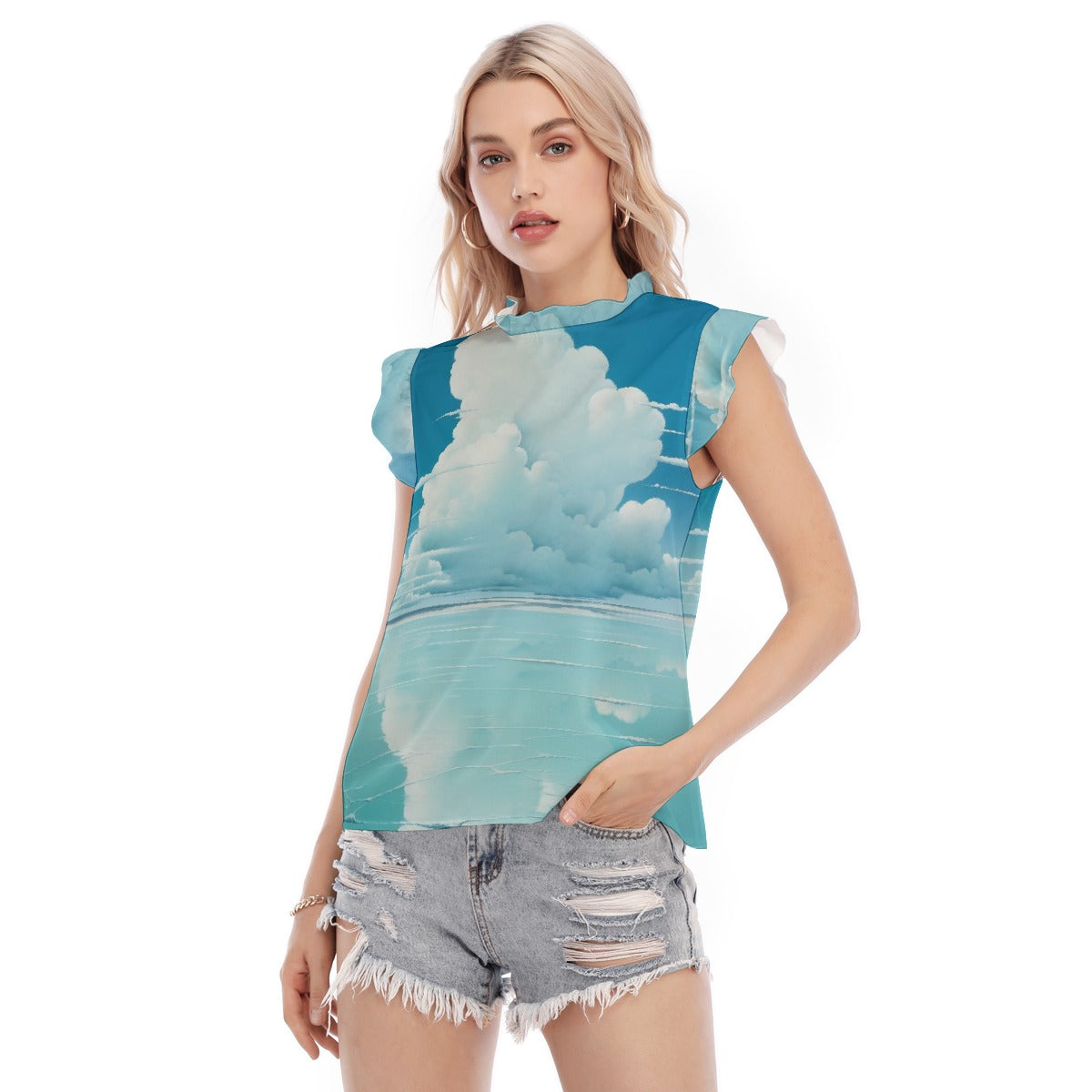 All-Over Print Women's Blouse With Ruffle Collar And Sleeve