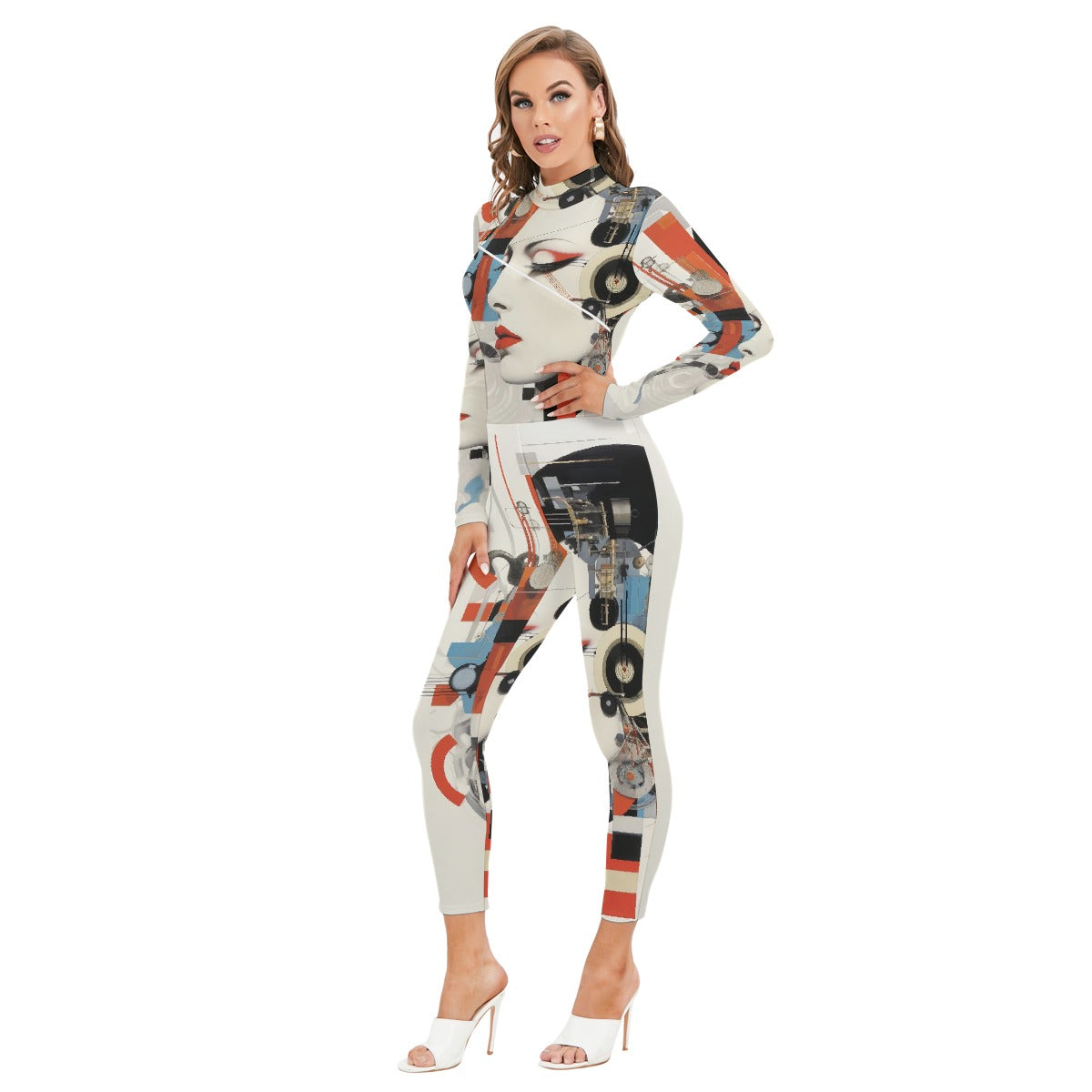 All-Over Print Women's Long-sleeved High-neck Jumpsuit With Zipper