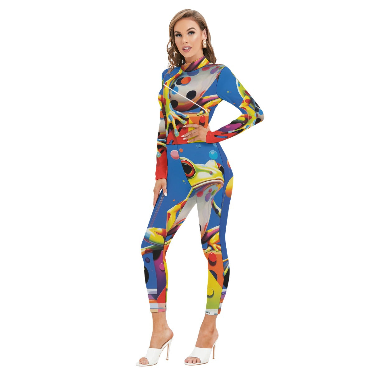 All-Over Print Women's Long-sleeved High-neck Jumpsuit With Zipper