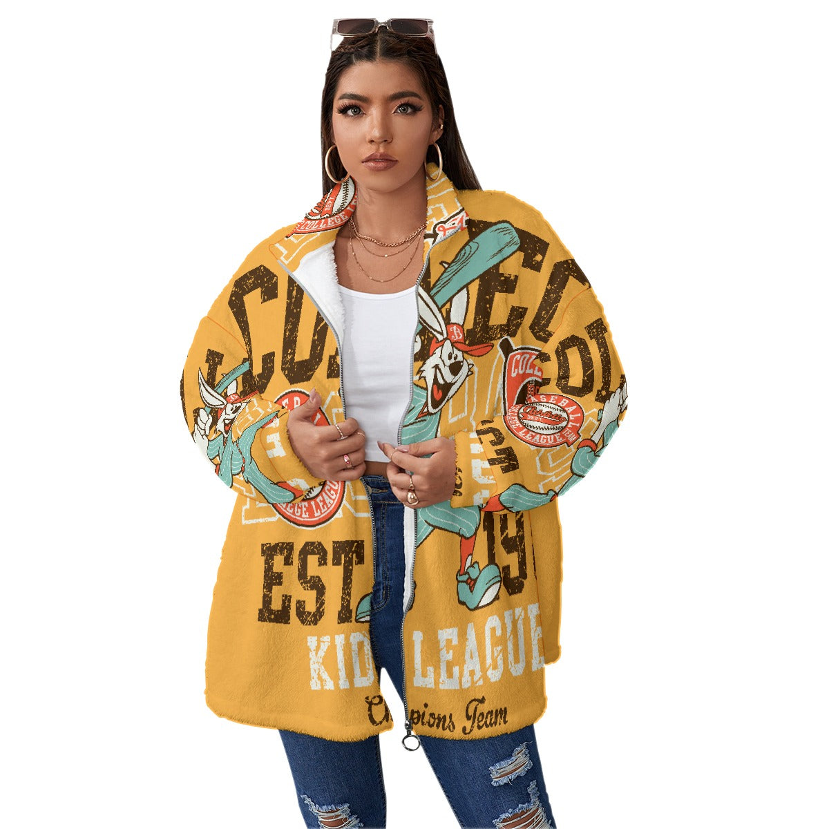 All-Over Print Unisex Borg Fleece Stand-up Collar Coat With Zipper Closure(Plus Size)