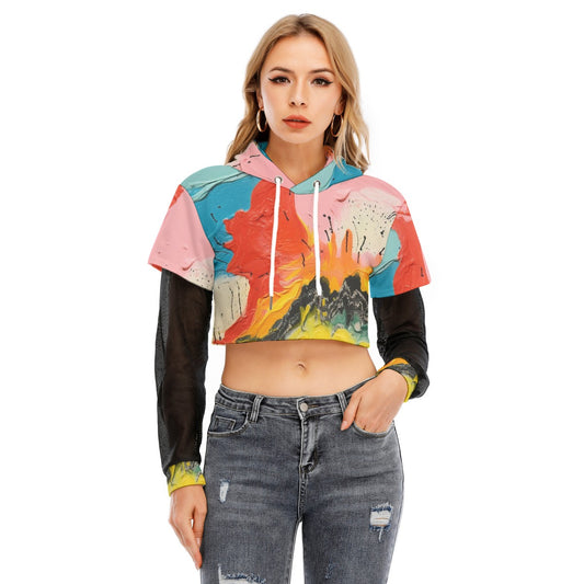 All-Over Print Women's Fake Two-piece Mesh Sleeve Cropped Hoodie