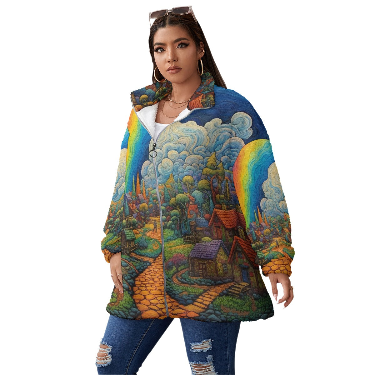All-Over Print Unisex Borg Fleece Stand-up Collar Coat With Zipper Closure(Plus Size)