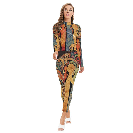 All-Over Print Women's Long-sleeved High-neck Jumpsuit With Zipper