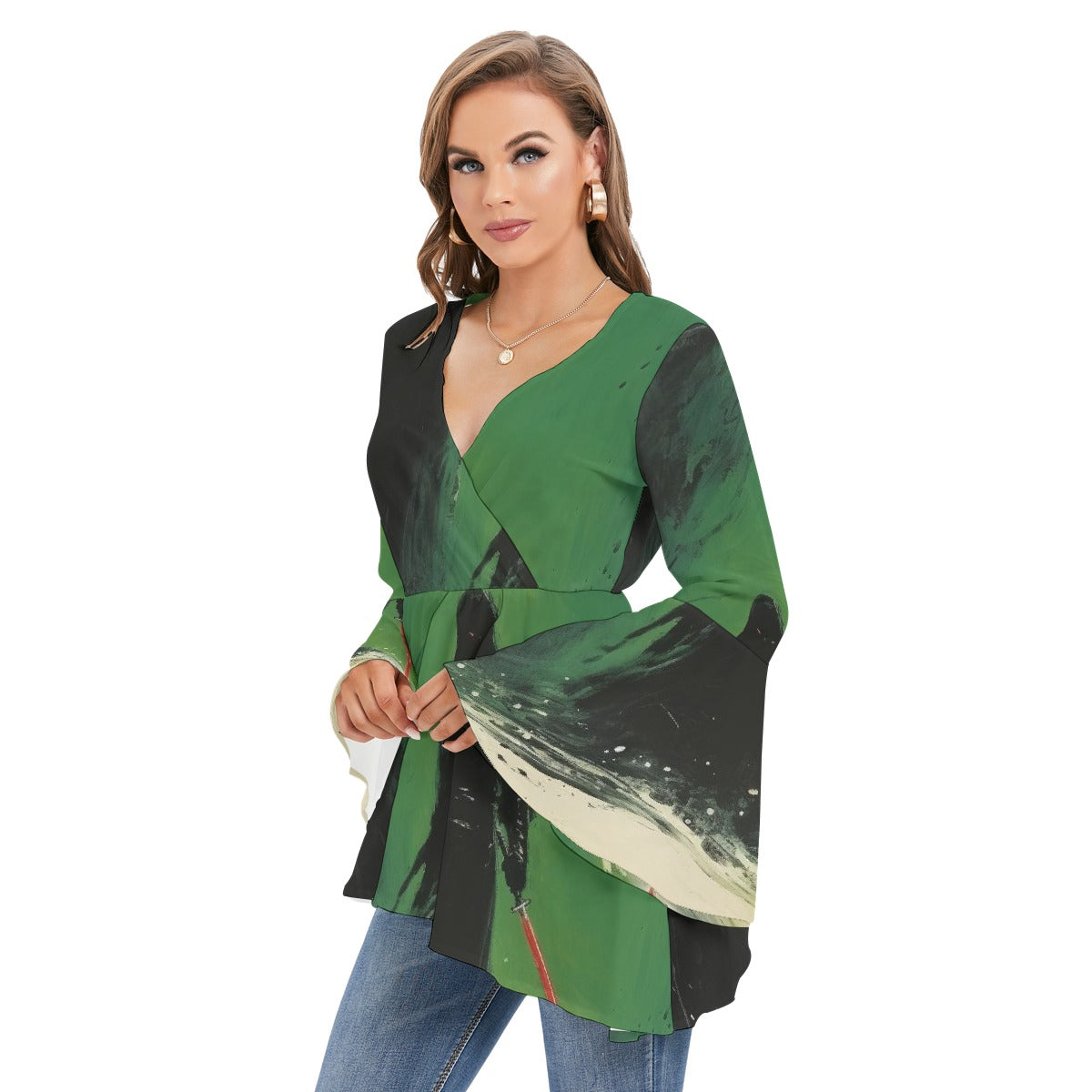 All-Over Print Women's V-neck Blouse With Flared Sleeves