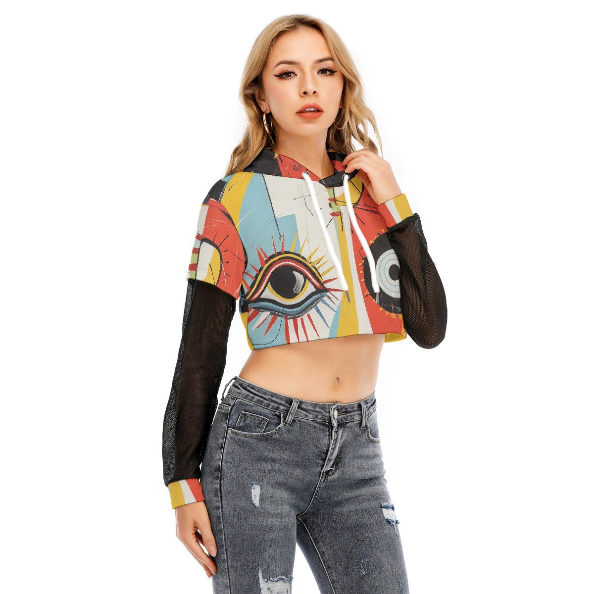 All-Over Print Women's Fake Two-piece Mesh Sleeve Cropped Hoodie