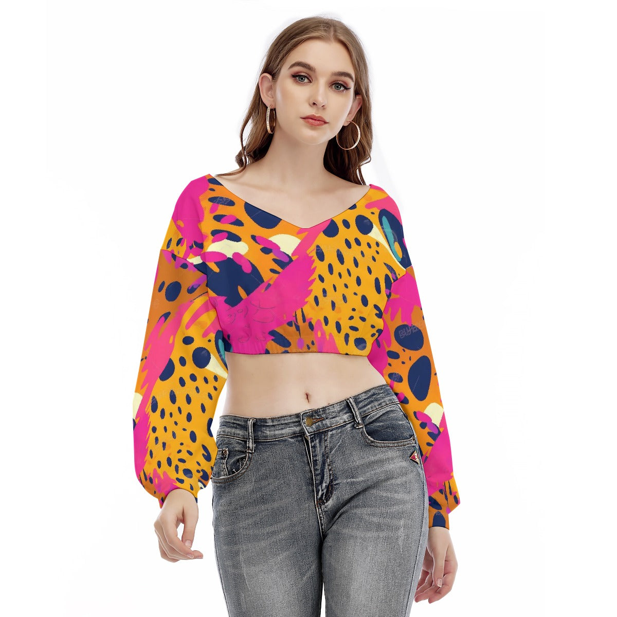 All-Over Print Women's V-neck Long Sleeve Cropped Sweatshirt