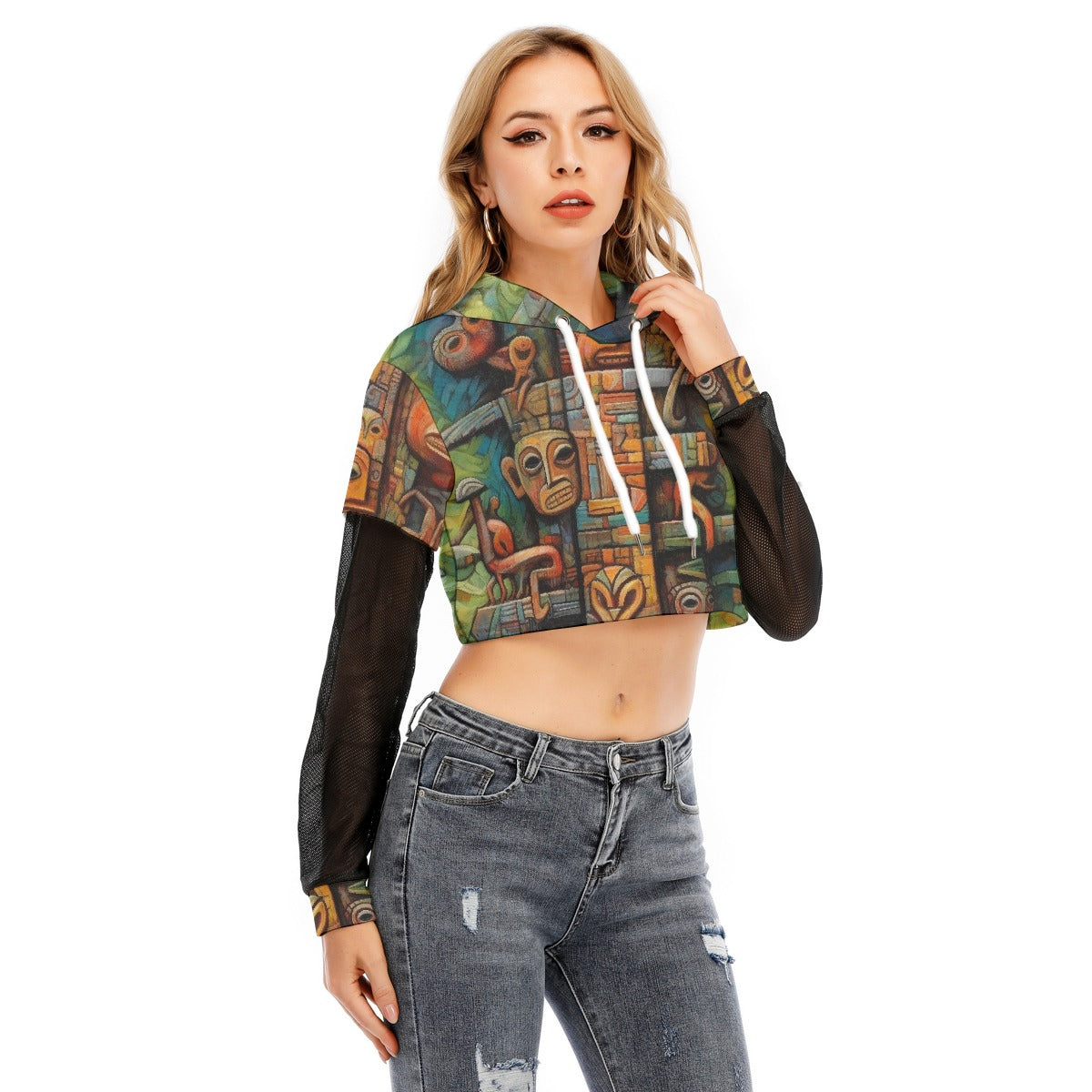 All-Over Print Women's Fake Two-piece Mesh Sleeve Cropped Hoodie