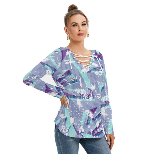 All-Over Print Women's Long Sleeve Neckline Tie Sweatshirt