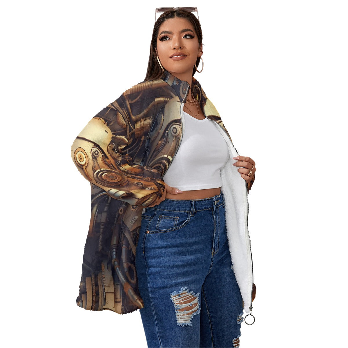 All-Over Print Unisex Borg Fleece Stand-up Collar Coat With Zipper Closure(Plus Size)