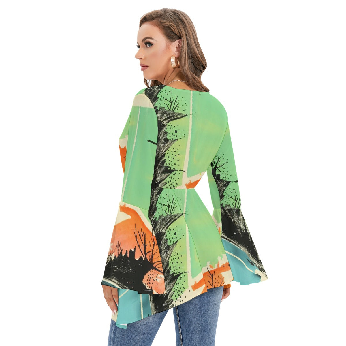All-Over Print Women's V-neck Blouse With Flared Sleeves