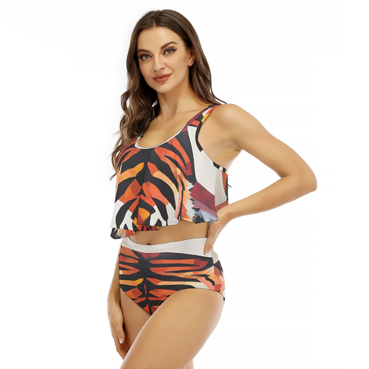 All-Over Print Women's Ruffled Vest Bikini Swimsuit