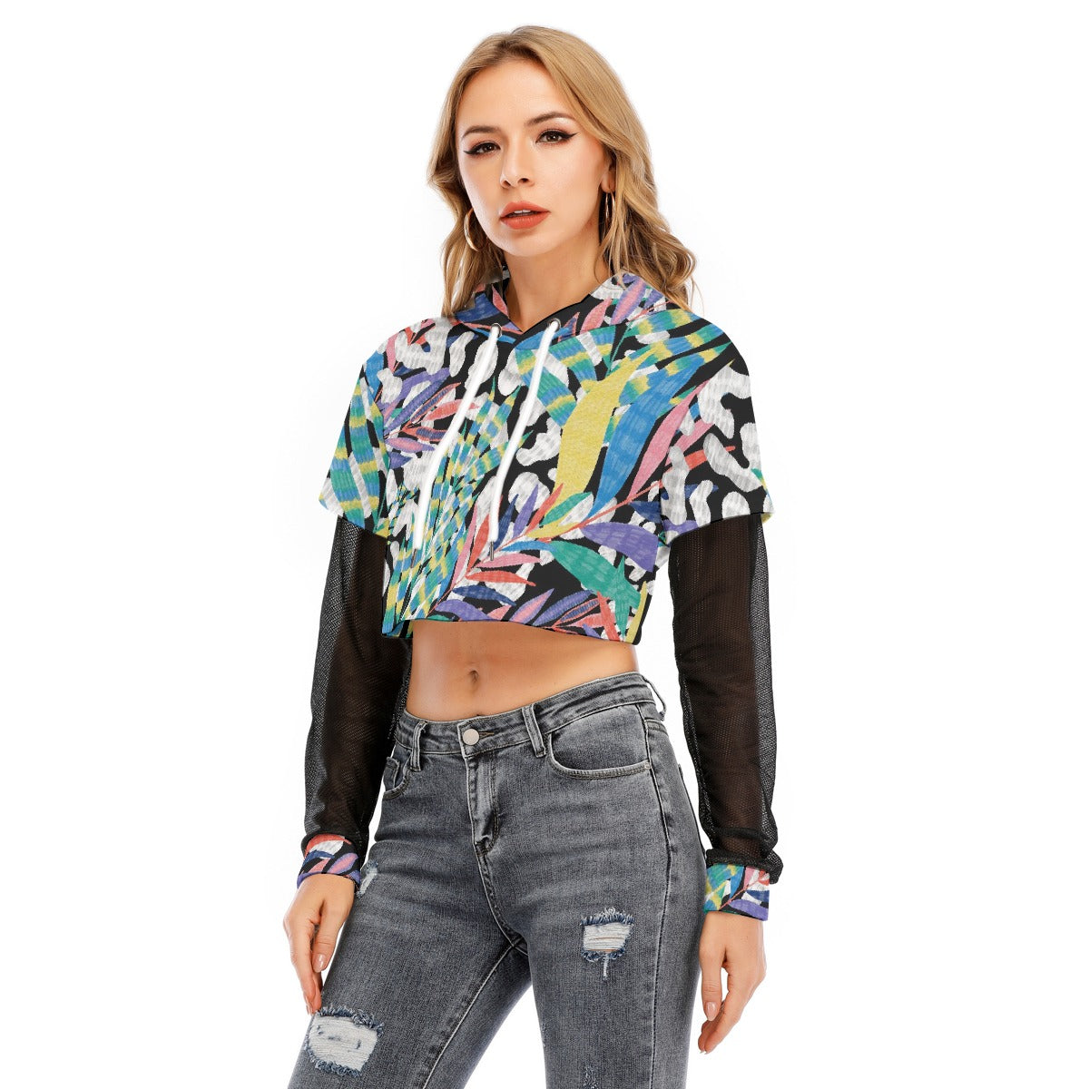 All-Over Print Women's Fake Two-piece Mesh Sleeve Cropped Hoodie