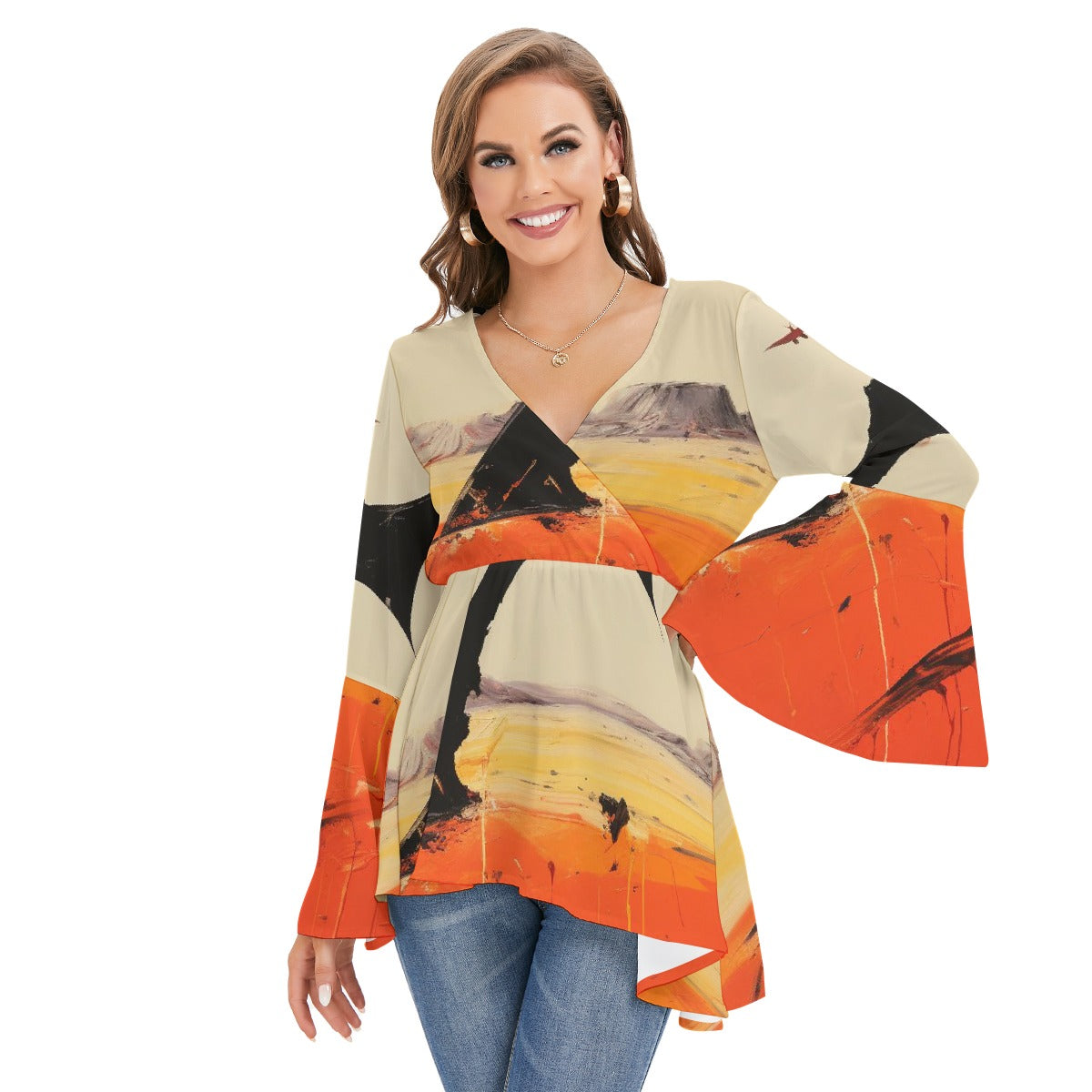 All-Over Print Women's V-neck Blouse With Flared Sleeves