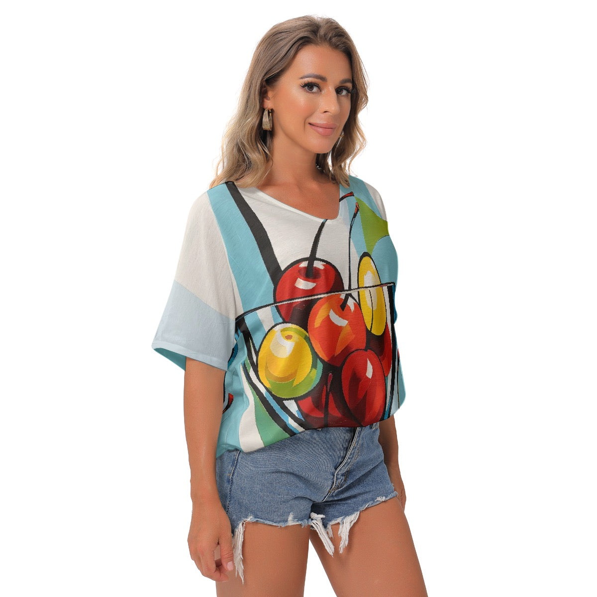 All-Over Print Women's Bat Sleeves V-Neck Blouse