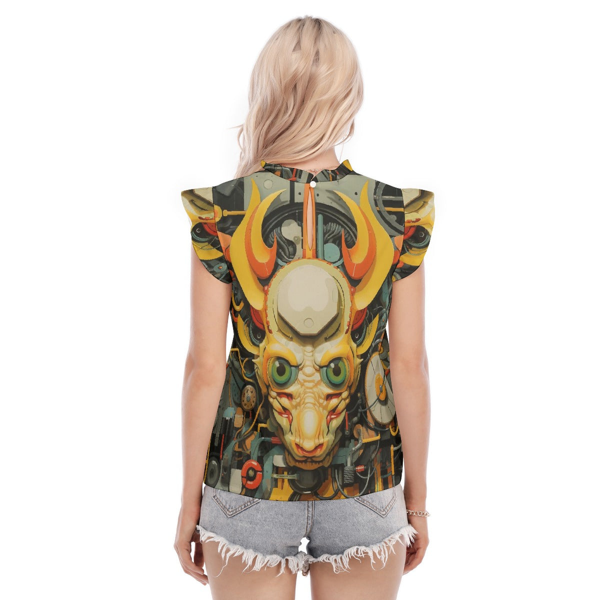 All-Over Print Women's Blouse With Ruffle Collar And Sleeve