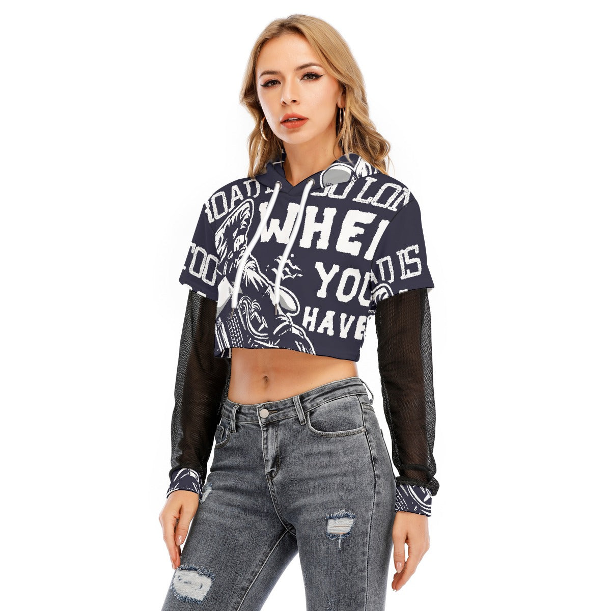 All-Over Print Women's Fake Two-piece Mesh Sleeve Cropped Hoodie
