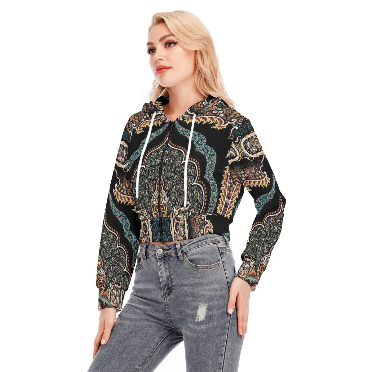 All-Over Print Women's Crop Top Hoodie With Zipper Closure