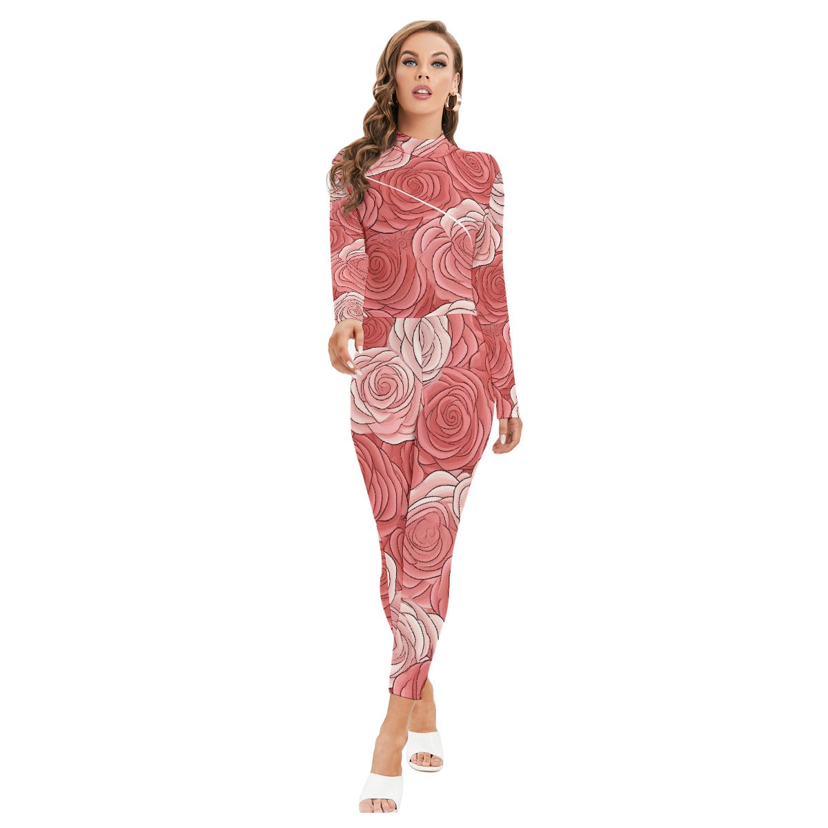 All-Over Print Women's Long-sleeved High-neck Jumpsuit With Zipper