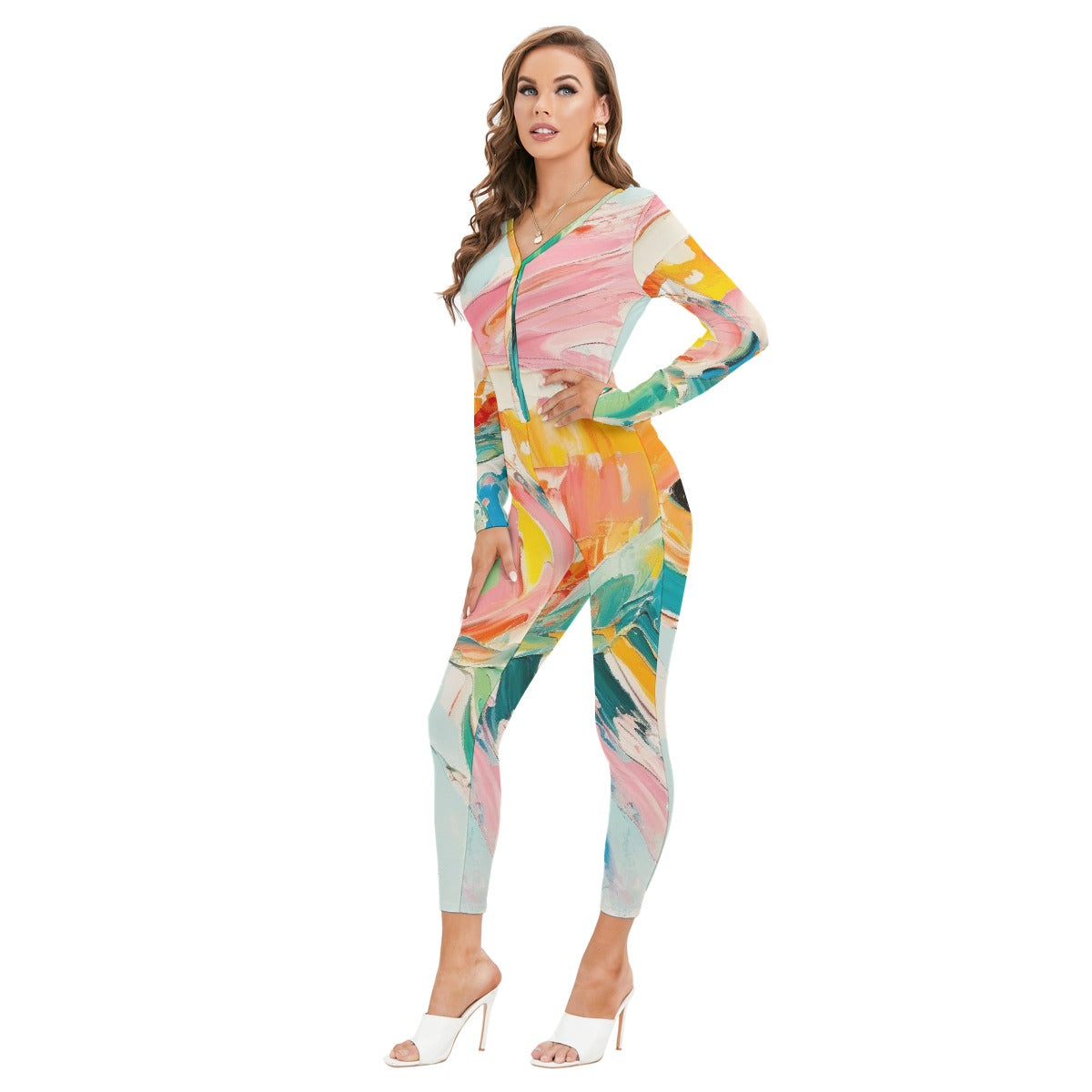 All-Over Print Women's Plunging Neck Jumpsuit