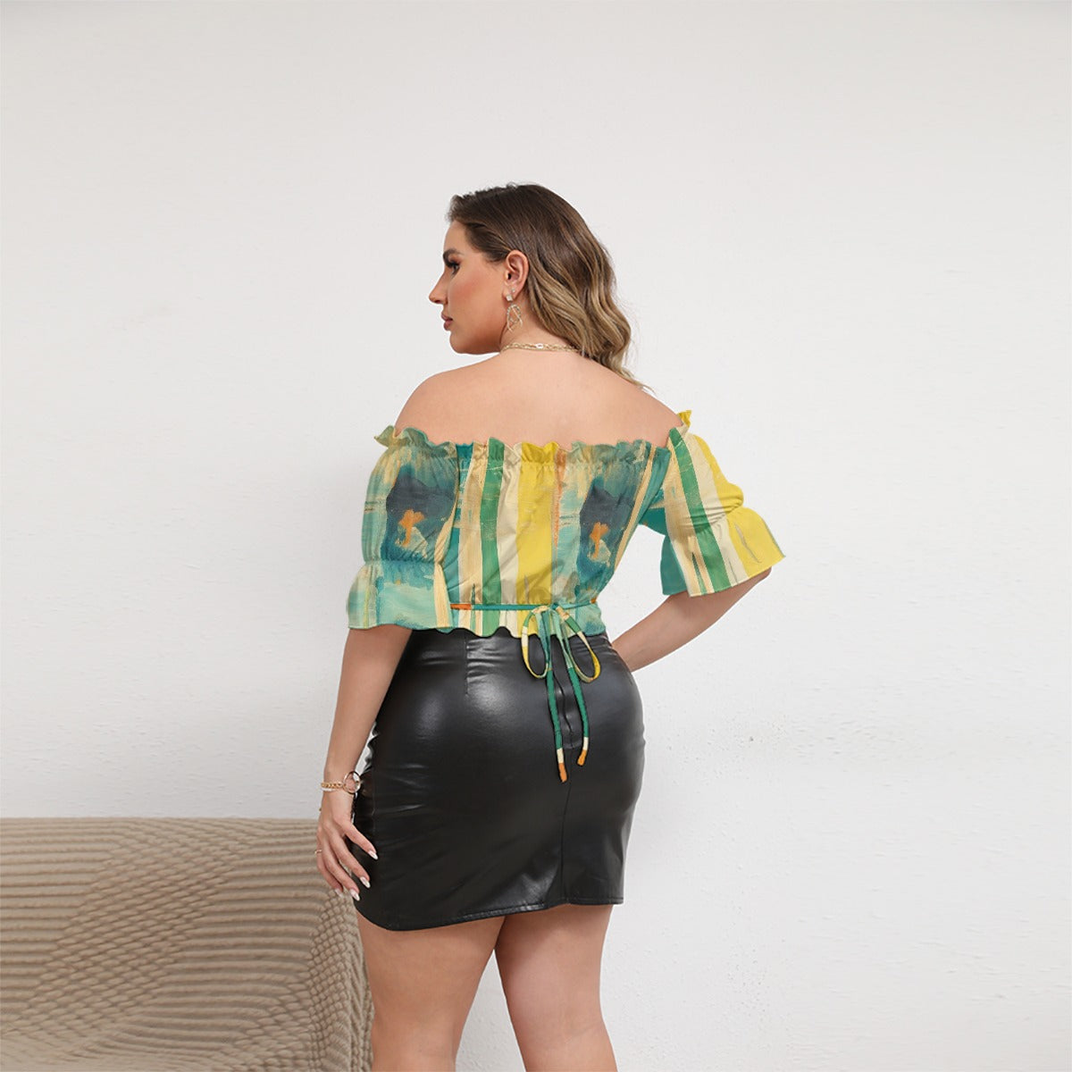 All-Over Print Women's Off-shoulder Cropped Top With Short Puff Sleeve