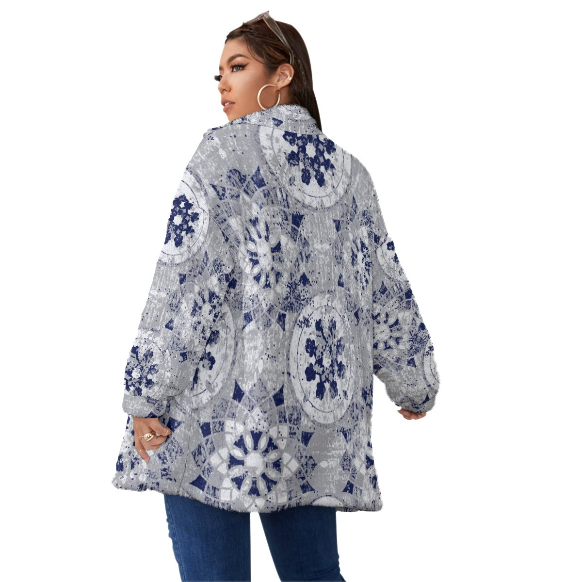 All-Over Print Unisex Borg Fleece Stand-up Collar Coat With Zipper Closure(Plus Size)