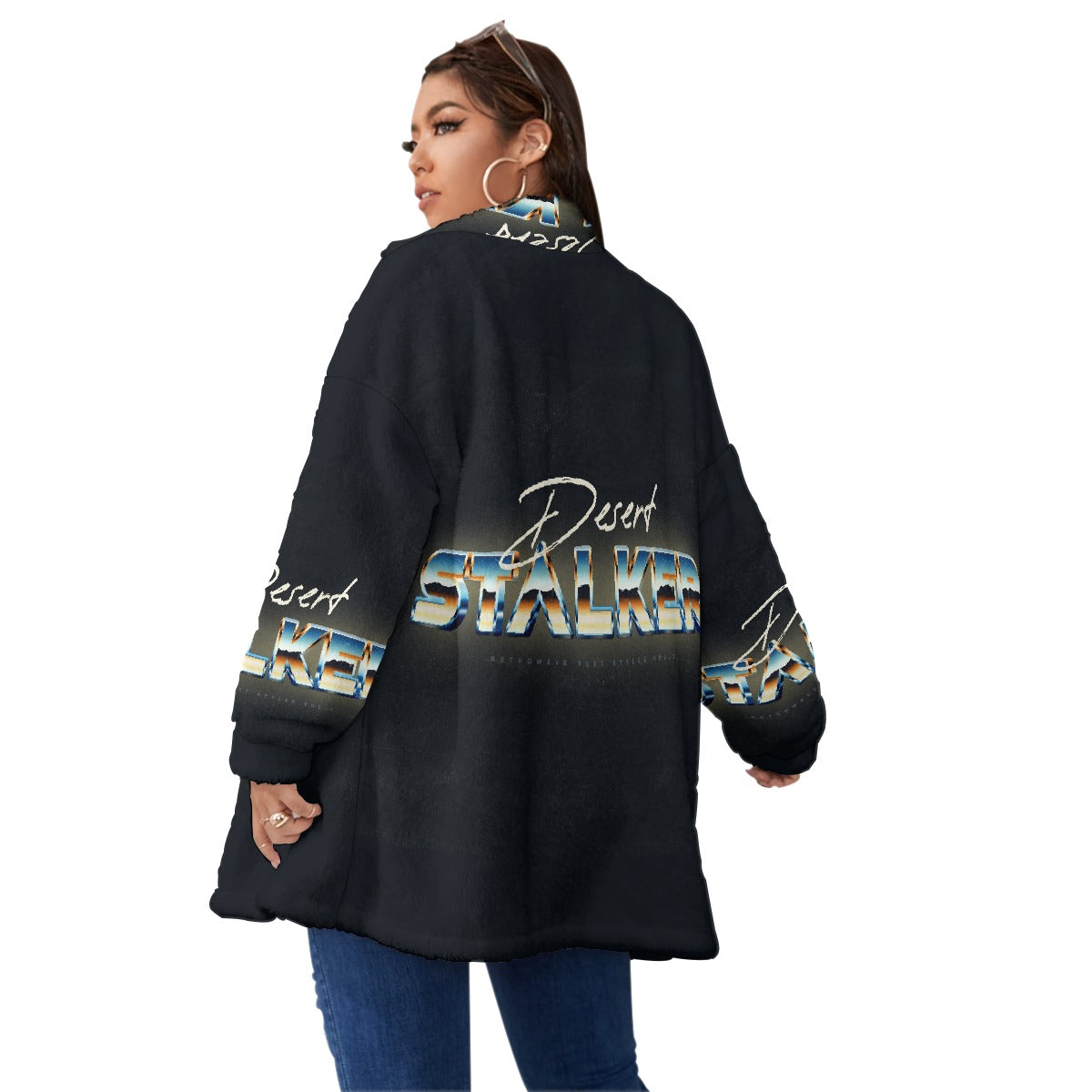 All-Over Print Unisex Borg Fleece Stand-up Collar Coat With Zipper Closure(Plus Size)
