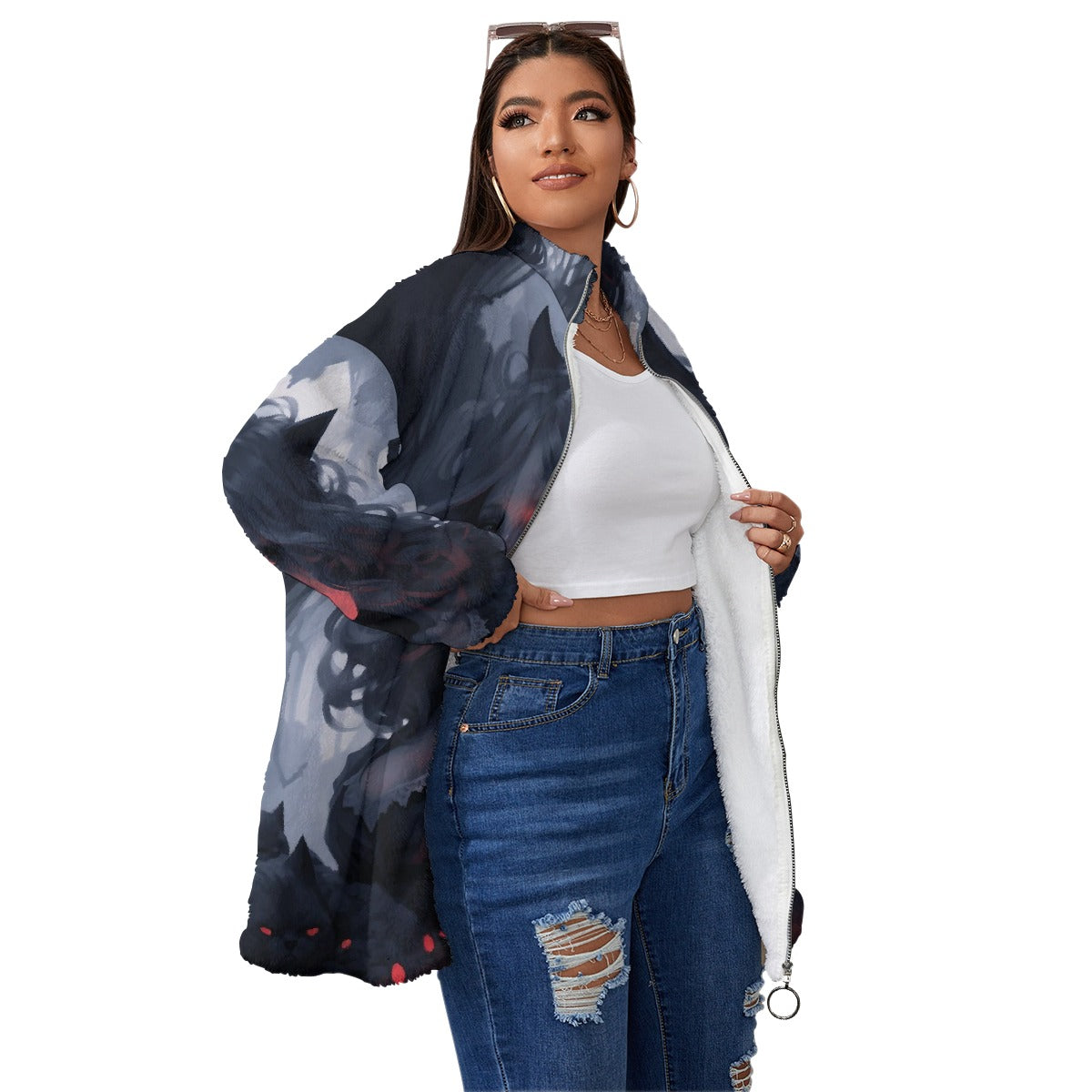 All-Over Print Unisex Borg Fleece Stand-up Collar Coat With Zipper Closure(Plus Size)