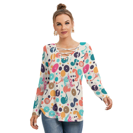 All-Over Print Women's Long Sleeve Neckline Tie Sweatshirt