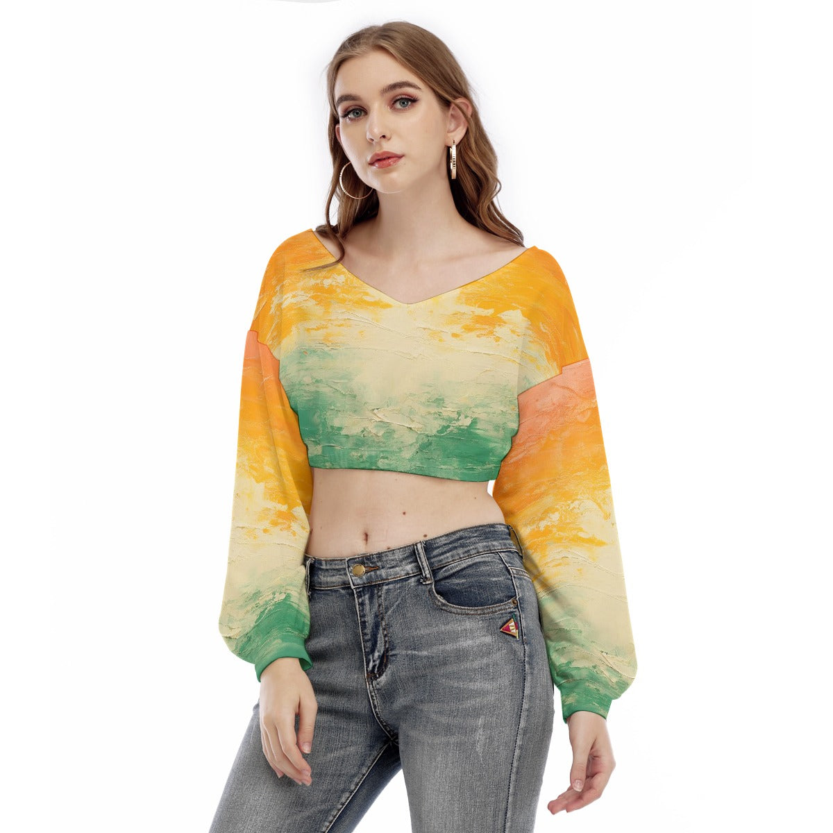All-Over Print Women's V-neck Long Sleeve Cropped Sweatshirt