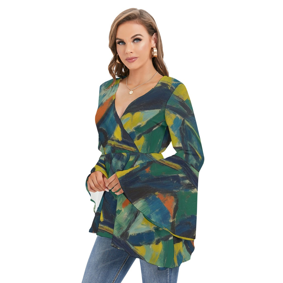 All-Over Print Women's V-neck Blouse With Flared Sleeves