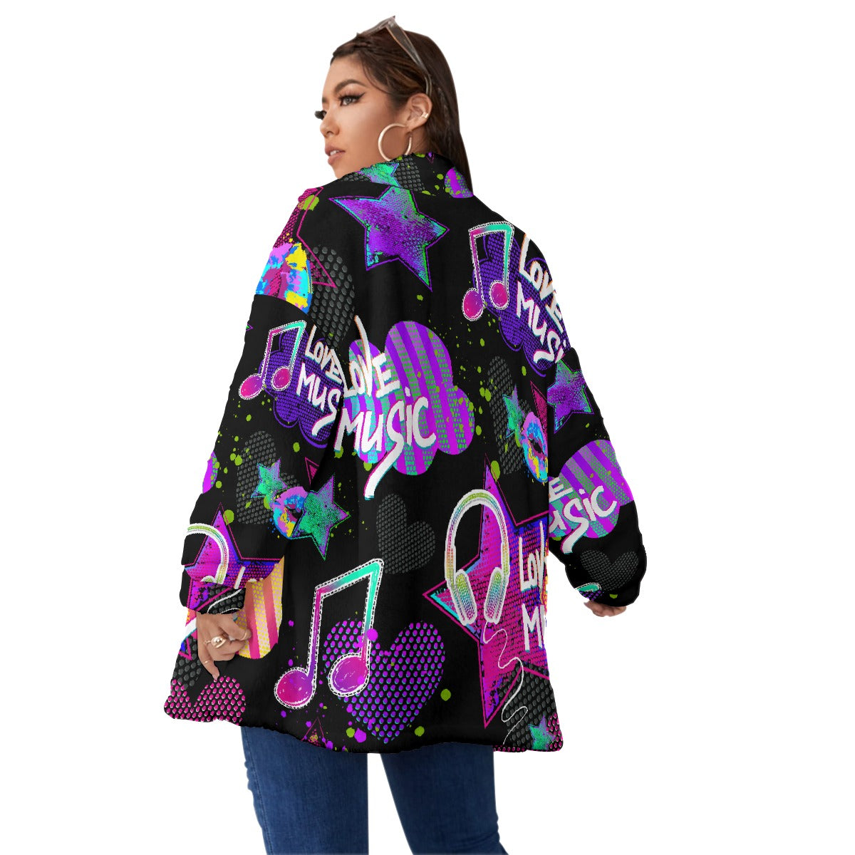 All-Over Print Unisex Borg Fleece Stand-up Collar Coat With Zipper Closure(Plus Size)