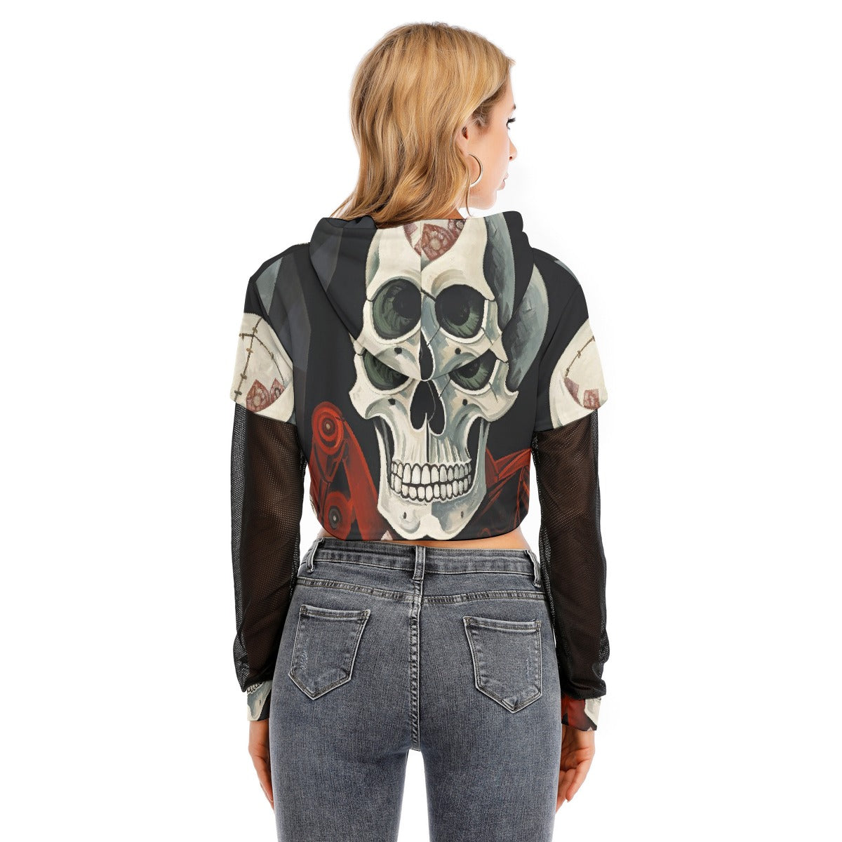 All-Over Print Women's Fake Two-piece Mesh Sleeve Cropped Hoodie