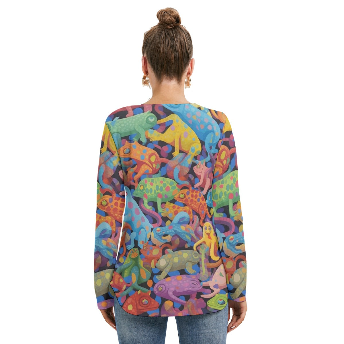 All-Over Print Women's Long Sleeve Neckline Tie Sweatshirt