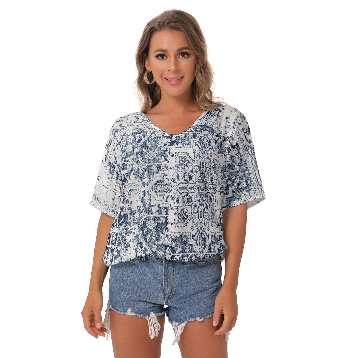 All-Over Print Women's Bat Sleeves V-Neck Blouse