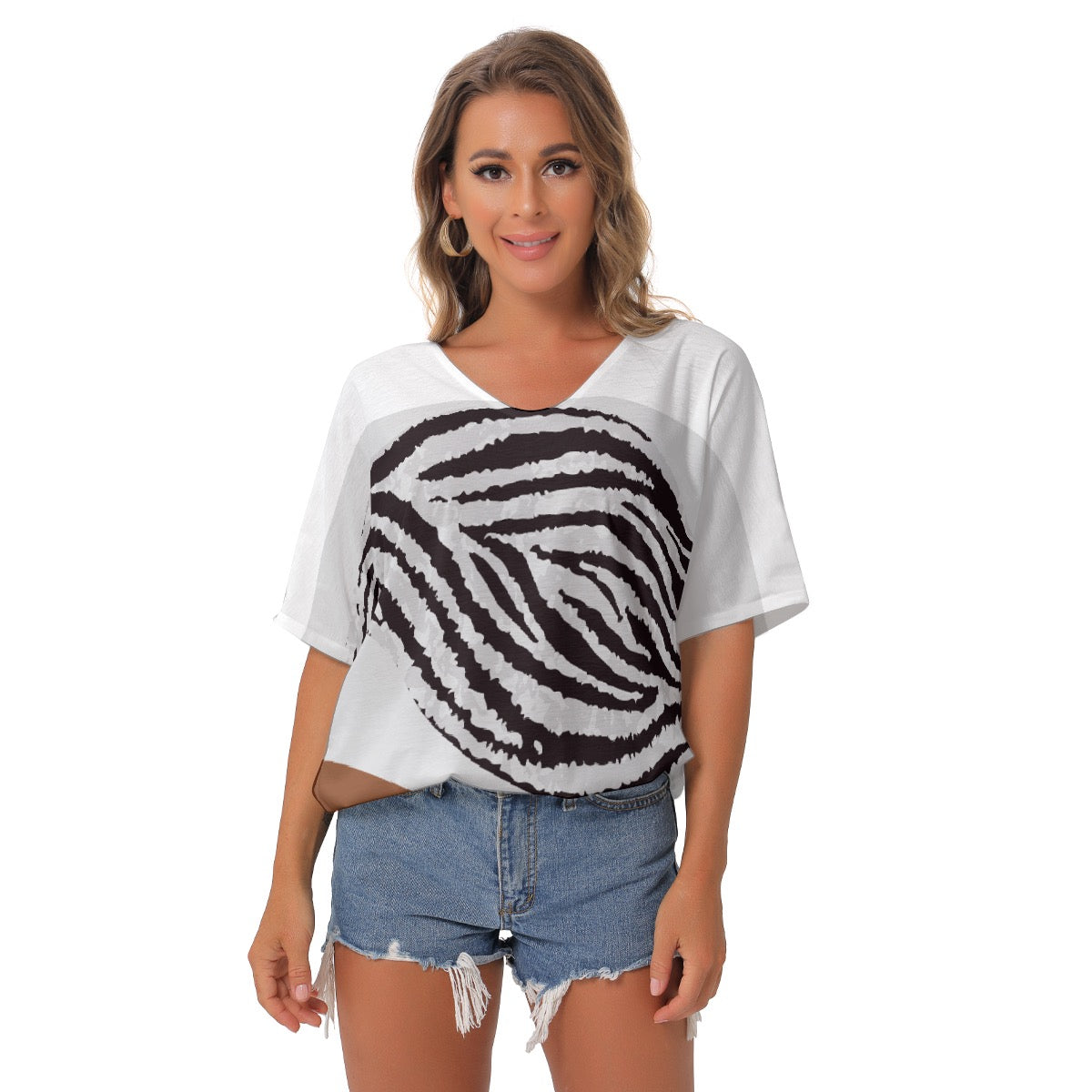 All-Over Print Women's Bat Sleeves V-Neck Blouse