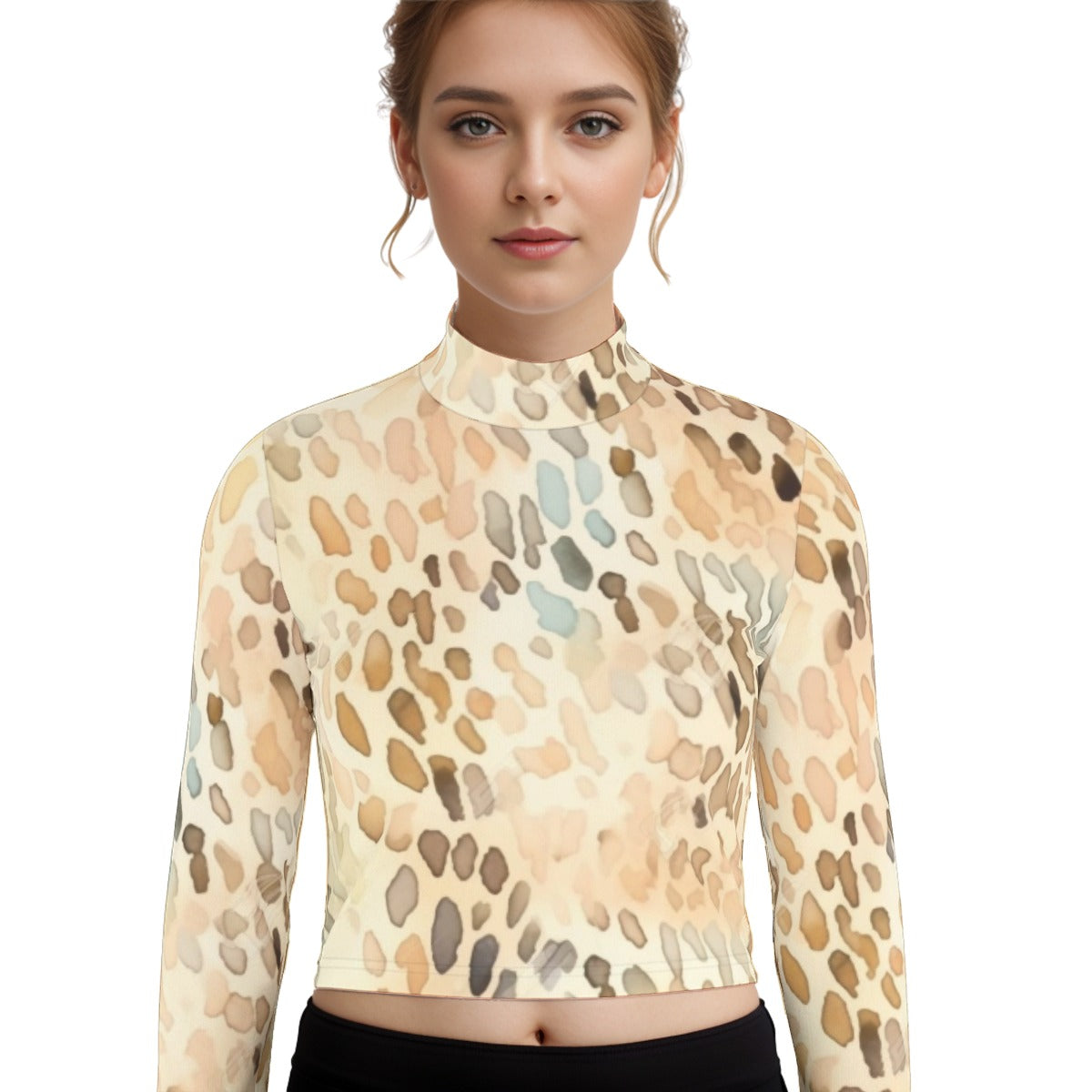 Eco-Friendly All-Over Print Women's Turtleneck T-shirt With Long Sleeve