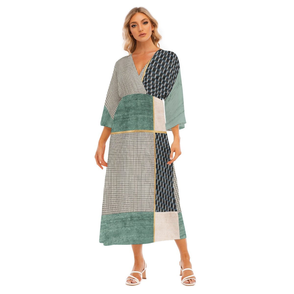 All-Over Print Women's Mid-Sleeve Long Dress