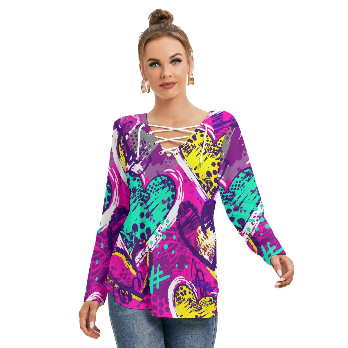 All-Over Print Women's Long Sleeve Neckline Tie Sweatshirt
