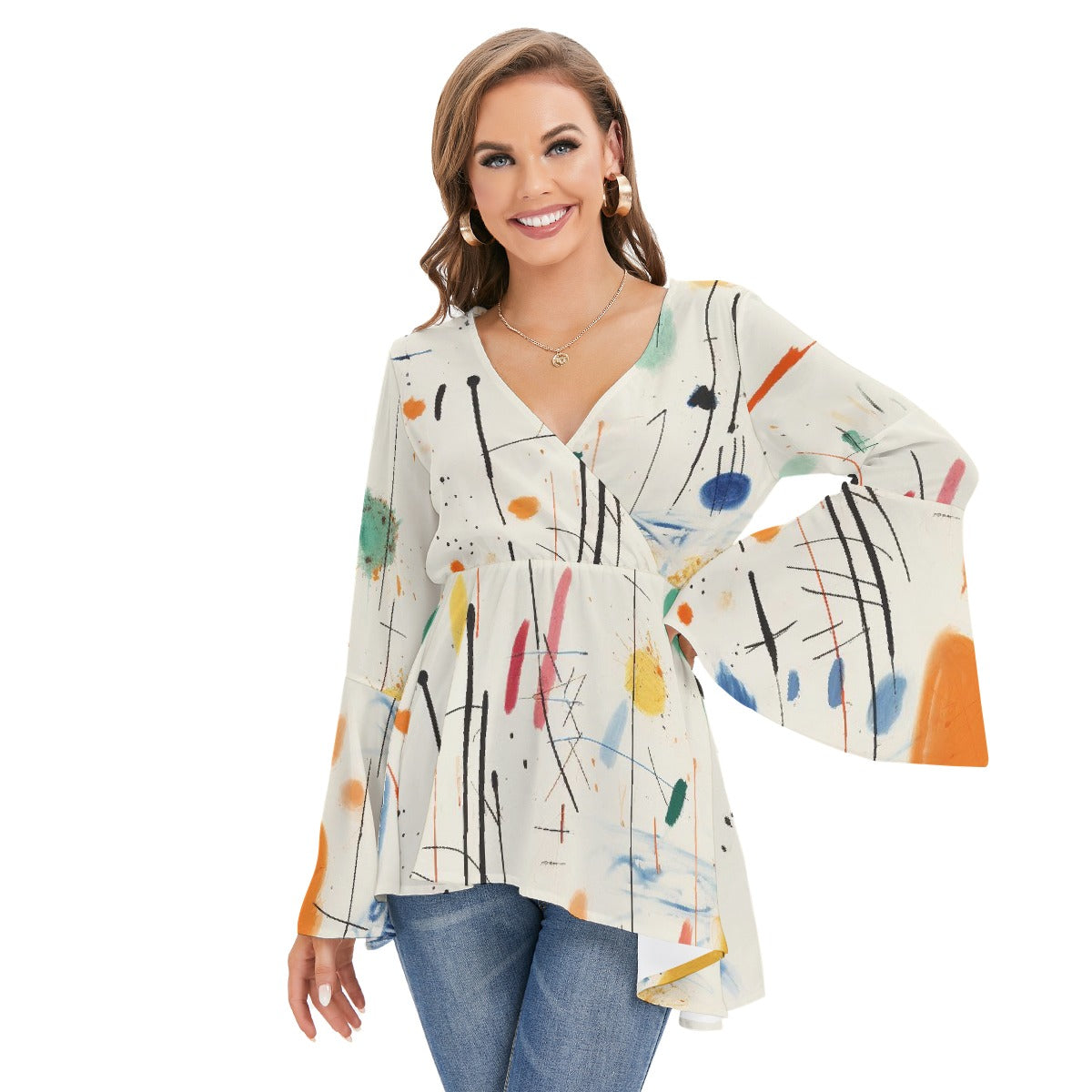 All-Over Print Women's V-neck Blouse With Flared Sleeves
