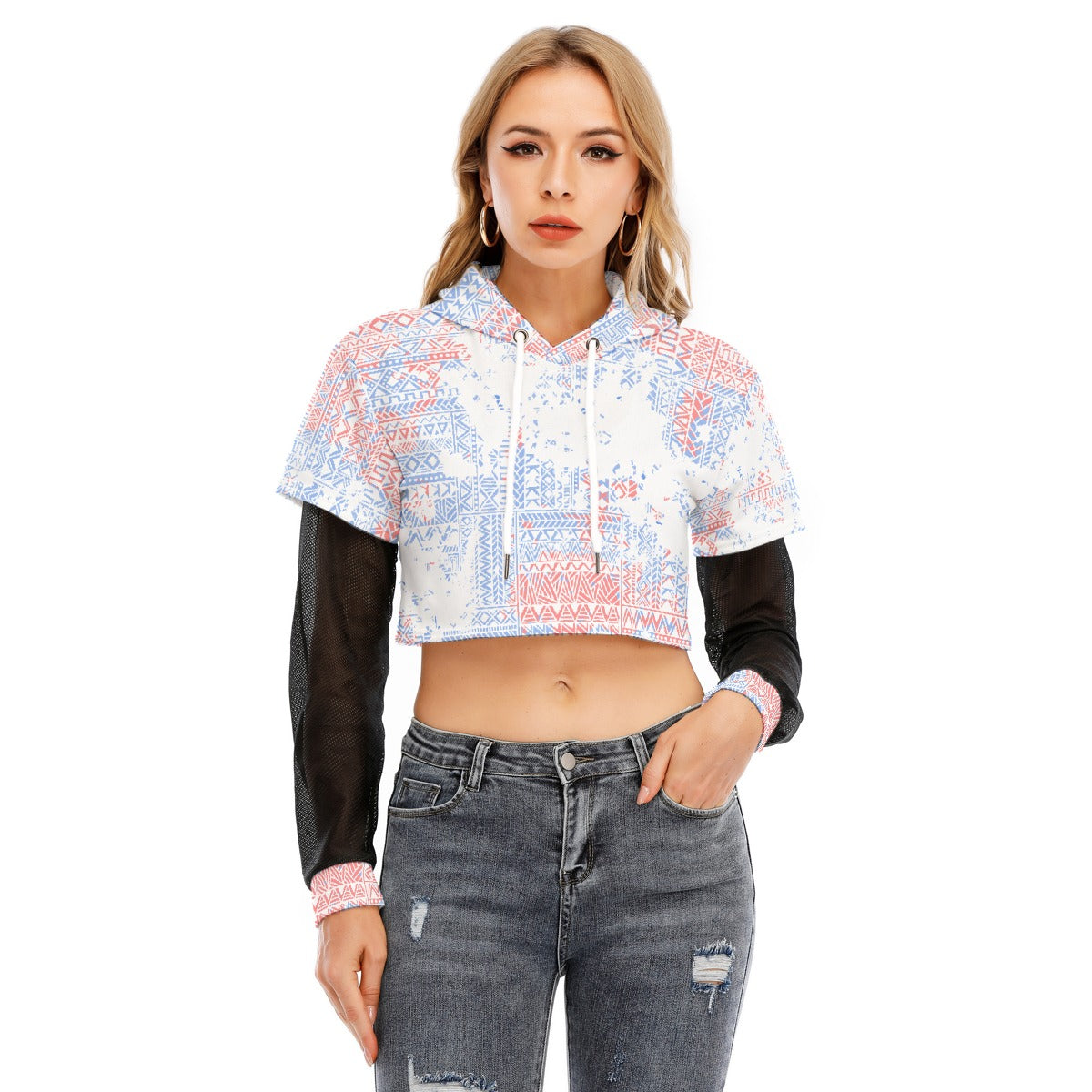 All-Over Print Women's Fake Two-piece Mesh Sleeve Cropped Hoodie