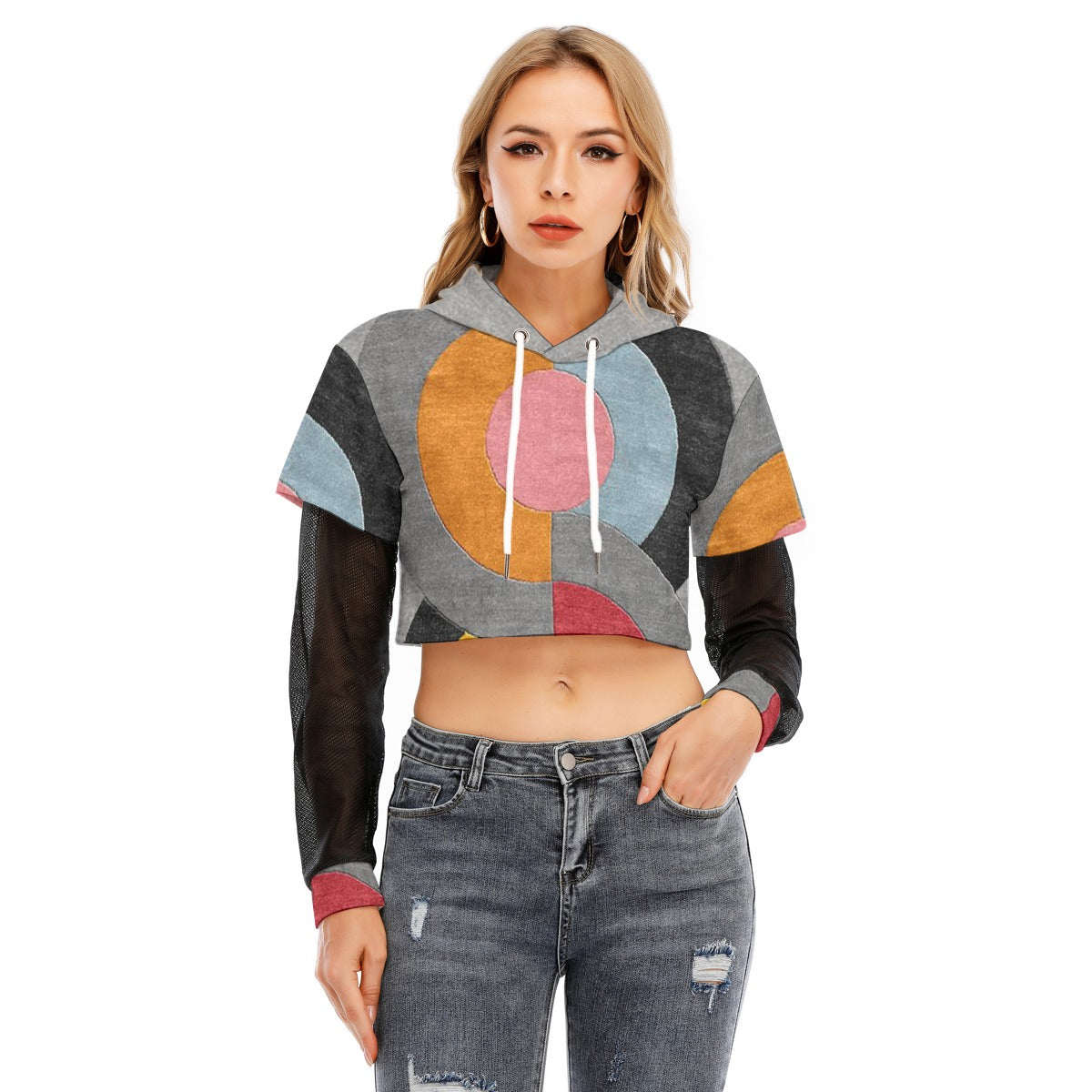 All-Over Print Women's Fake Two-piece Mesh Sleeve Cropped Hoodie