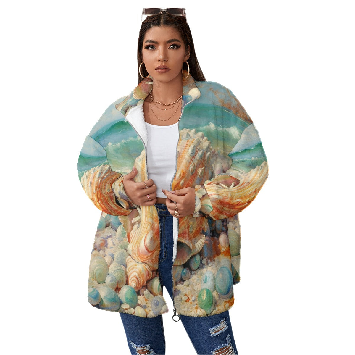 All-Over Print Unisex Borg Fleece Stand-up Collar Coat With Zipper Closure(Plus Size)