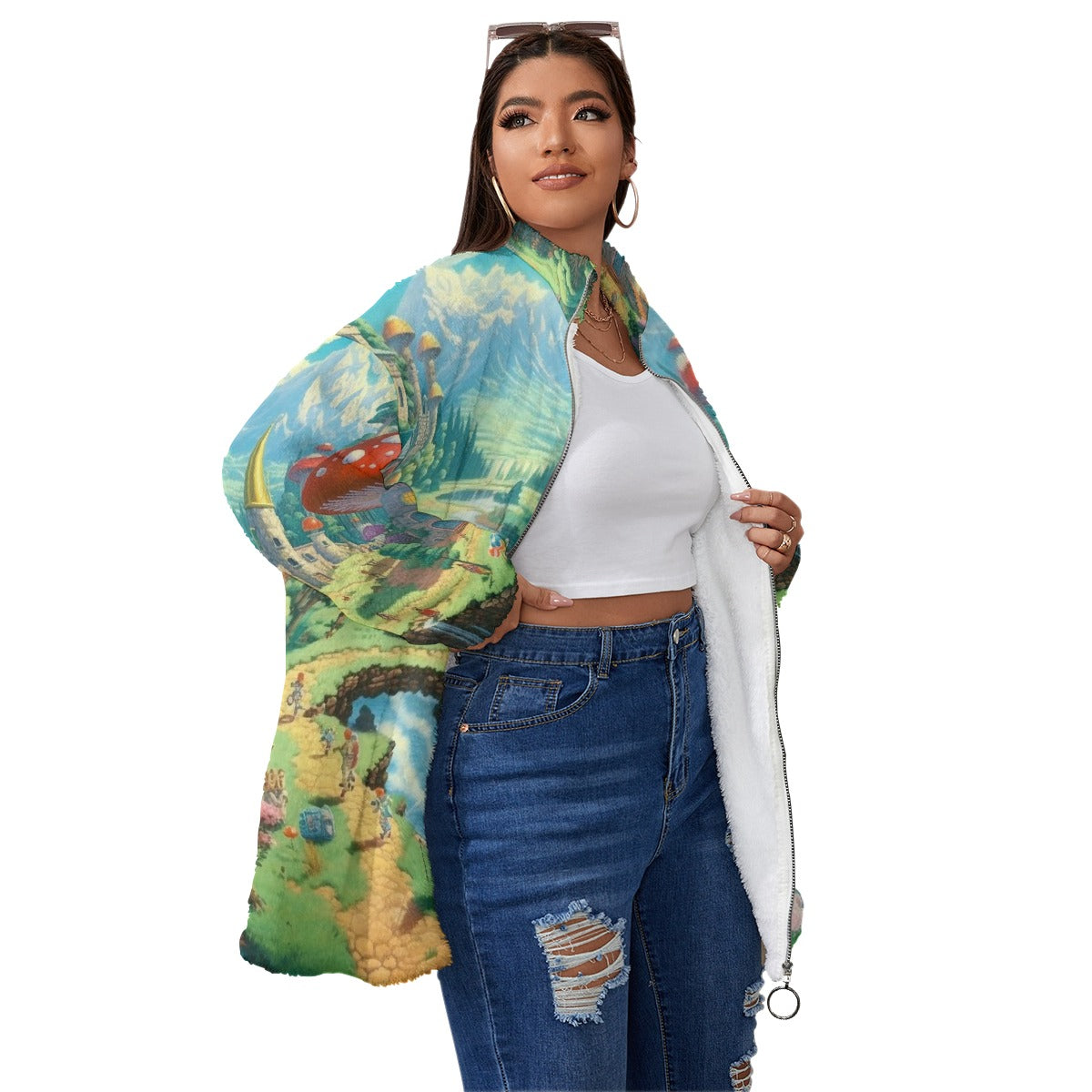 All-Over Print Unisex Borg Fleece Stand-up Collar Coat With Zipper Closure(Plus Size)