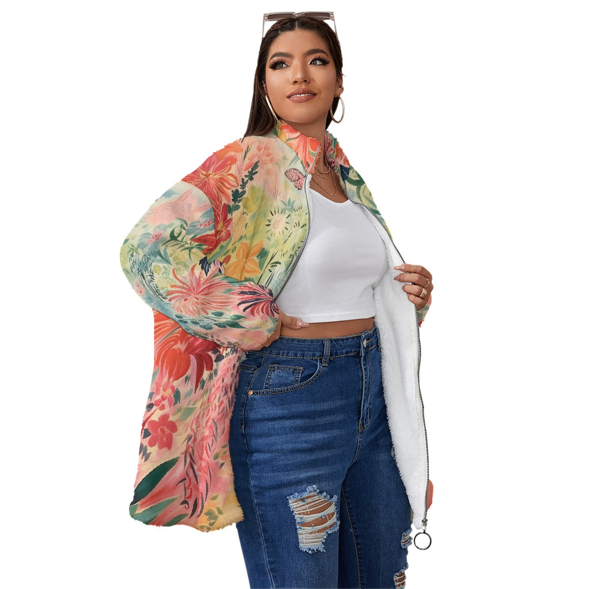 All-Over Print Unisex Borg Fleece Stand-up Collar Coat With Zipper Closure(Plus Size)