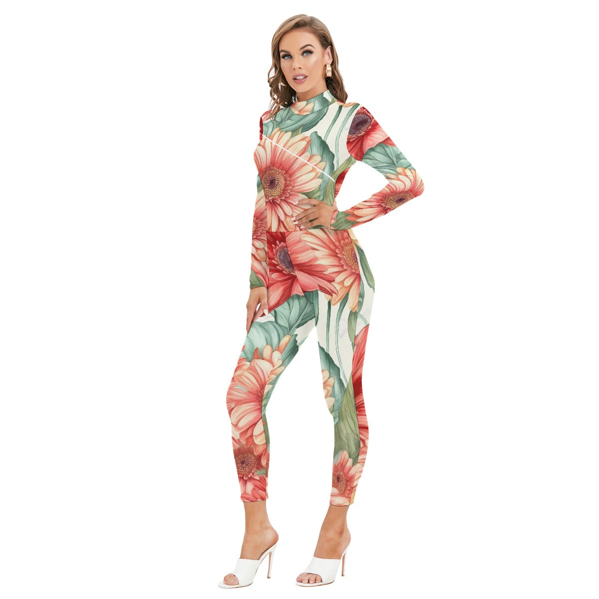 All-Over Print Women's Long-sleeved High-neck Jumpsuit With Zipper