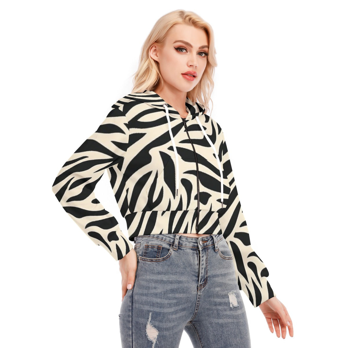 All-Over Print Women's Crop Top Hoodie With Zipper Closure