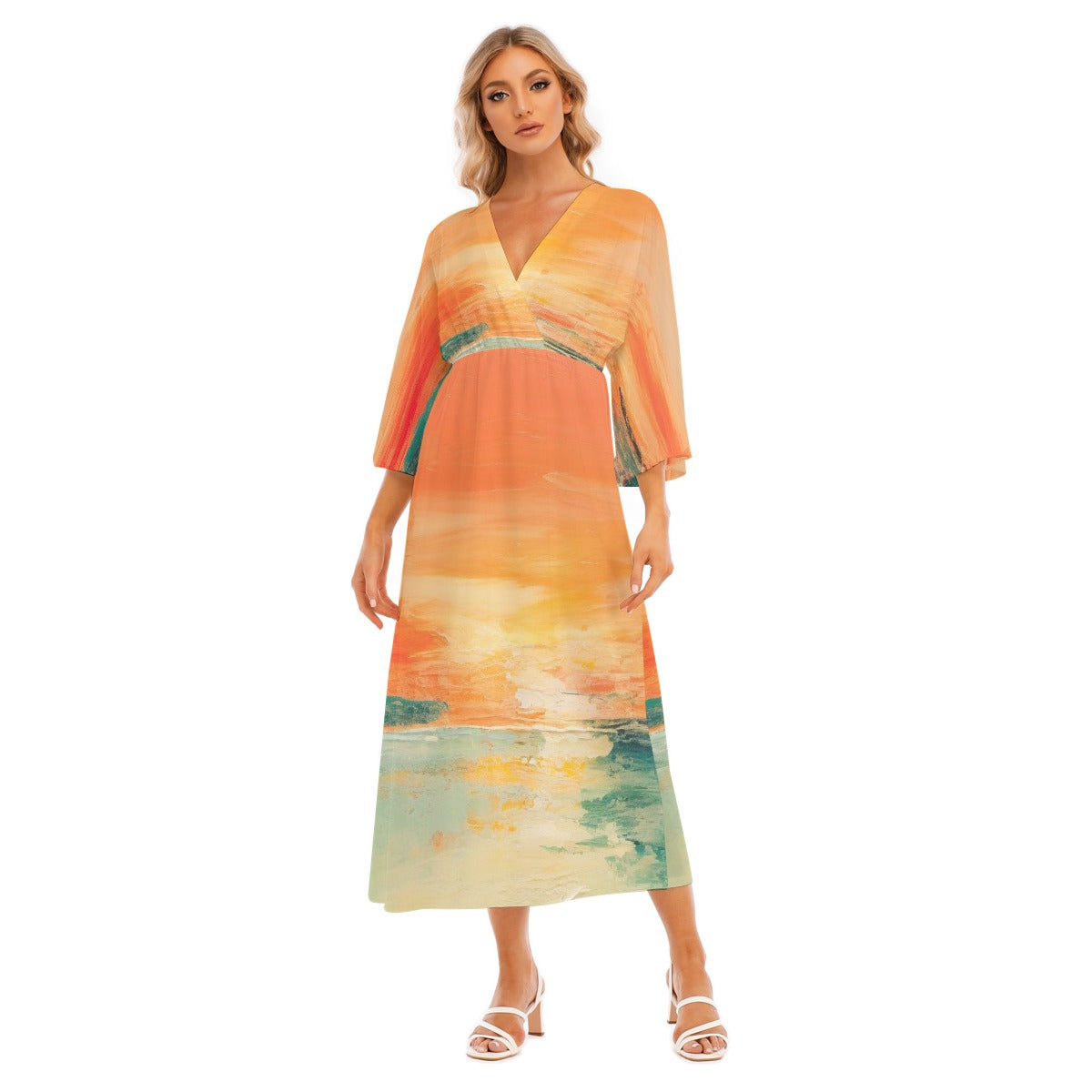 All-Over Print Women's Mid-Sleeve Long Dress