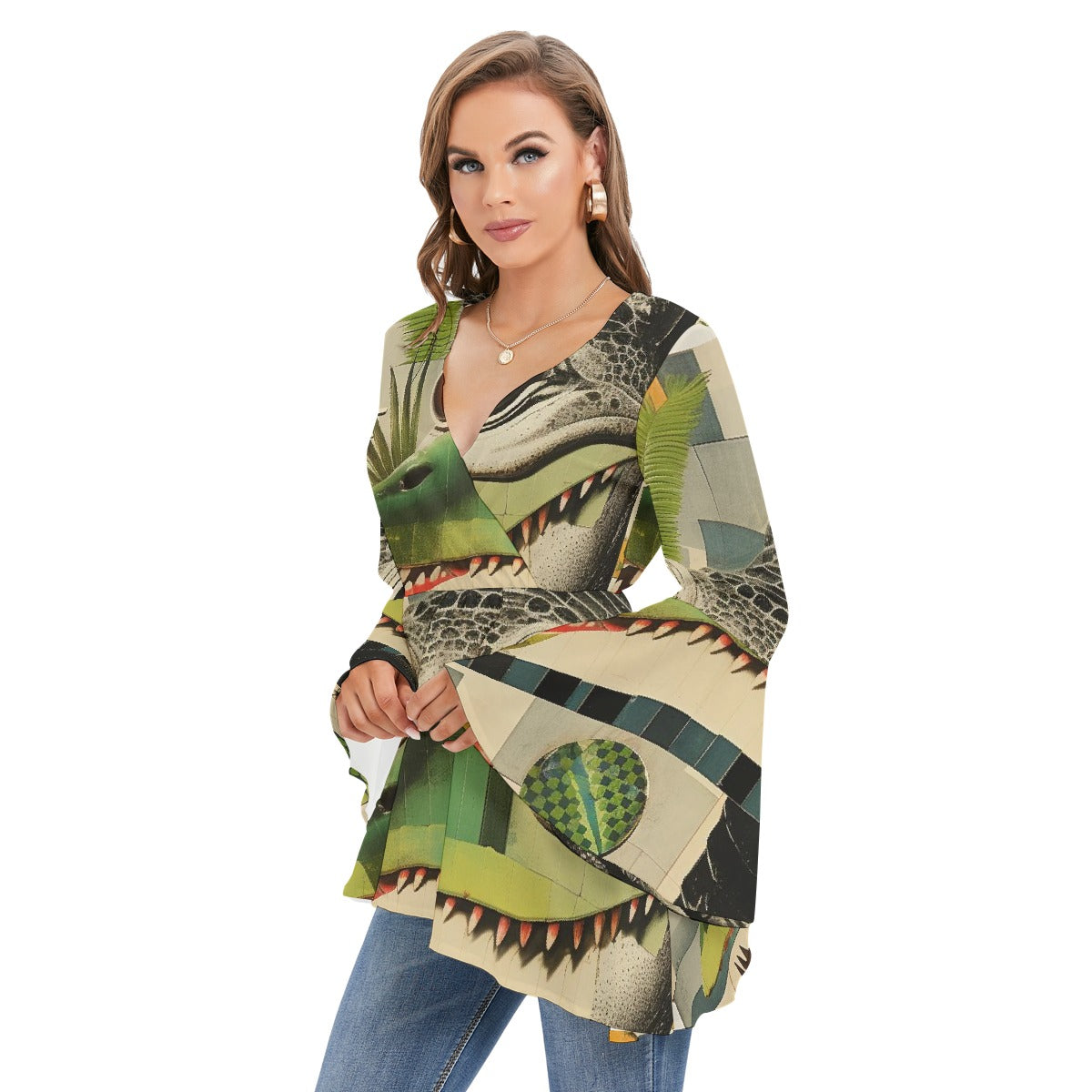 All-Over Print Women's V-neck Blouse With Flared Sleeves