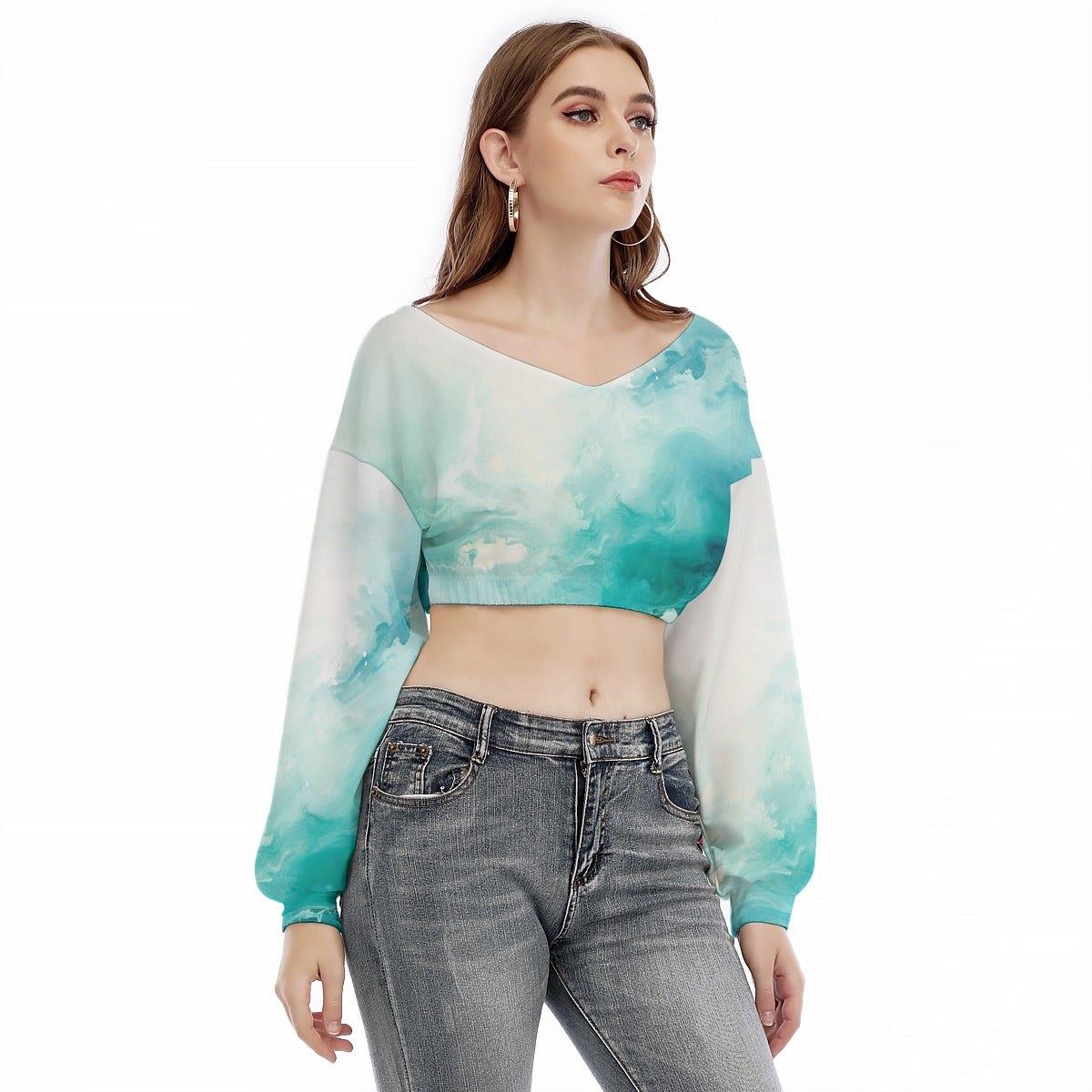 All-Over Print Women's V-neck Long Sleeve Cropped Sweatshirt